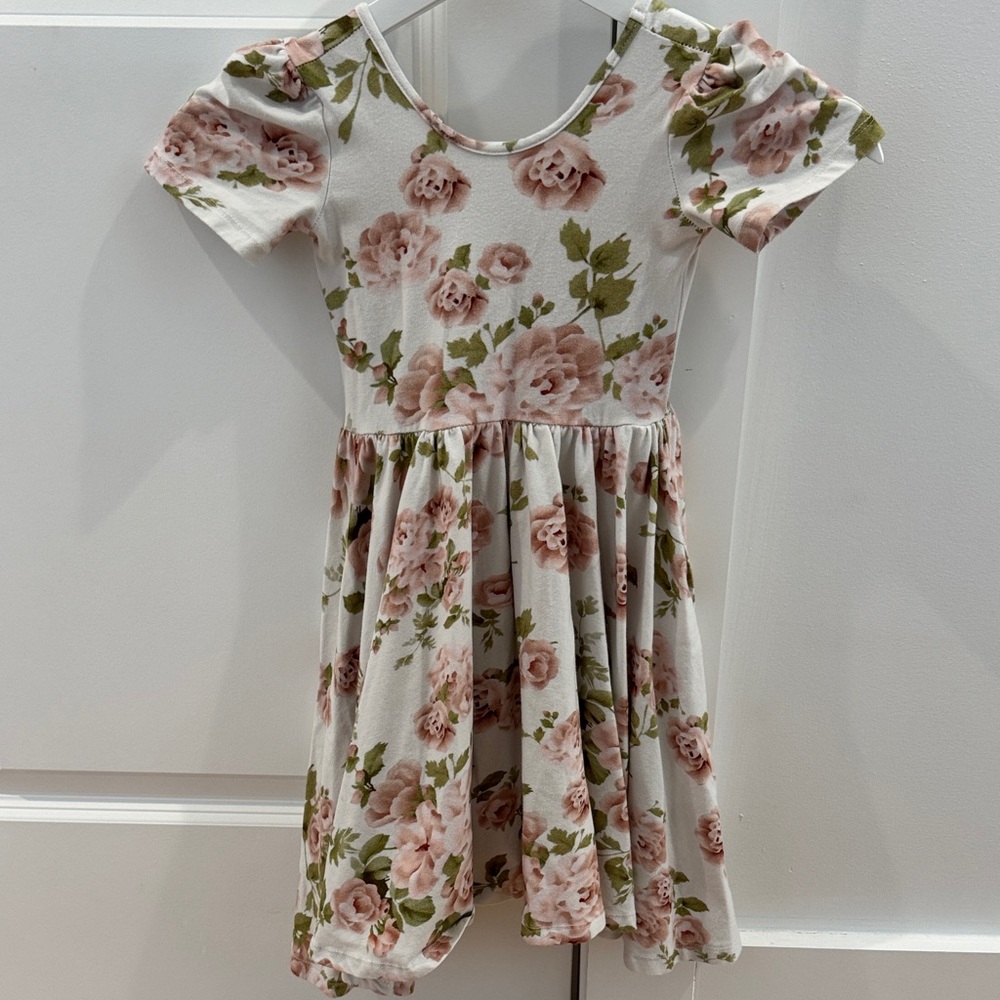 Girls' Cream Knit Dress with Pink Rose Print
